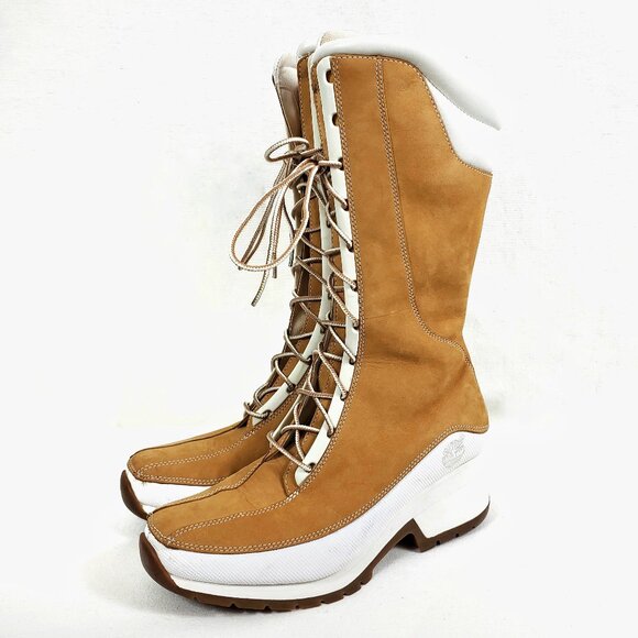 Timberland Y2K Euro Dub Spin Nubuck Leather Tall Lace Up Wedge Heeled Boots 7.5 - Picture 1 of 15
